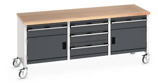 Cubio Storage Benches with 1 Drawer & 2 x 350mm Cupboards (On Wheels) - Warehouse Storage Products