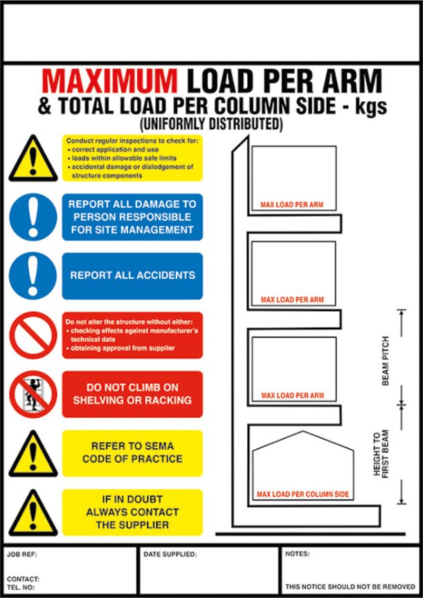 Weight Load Notices - Warehouse Storage Products