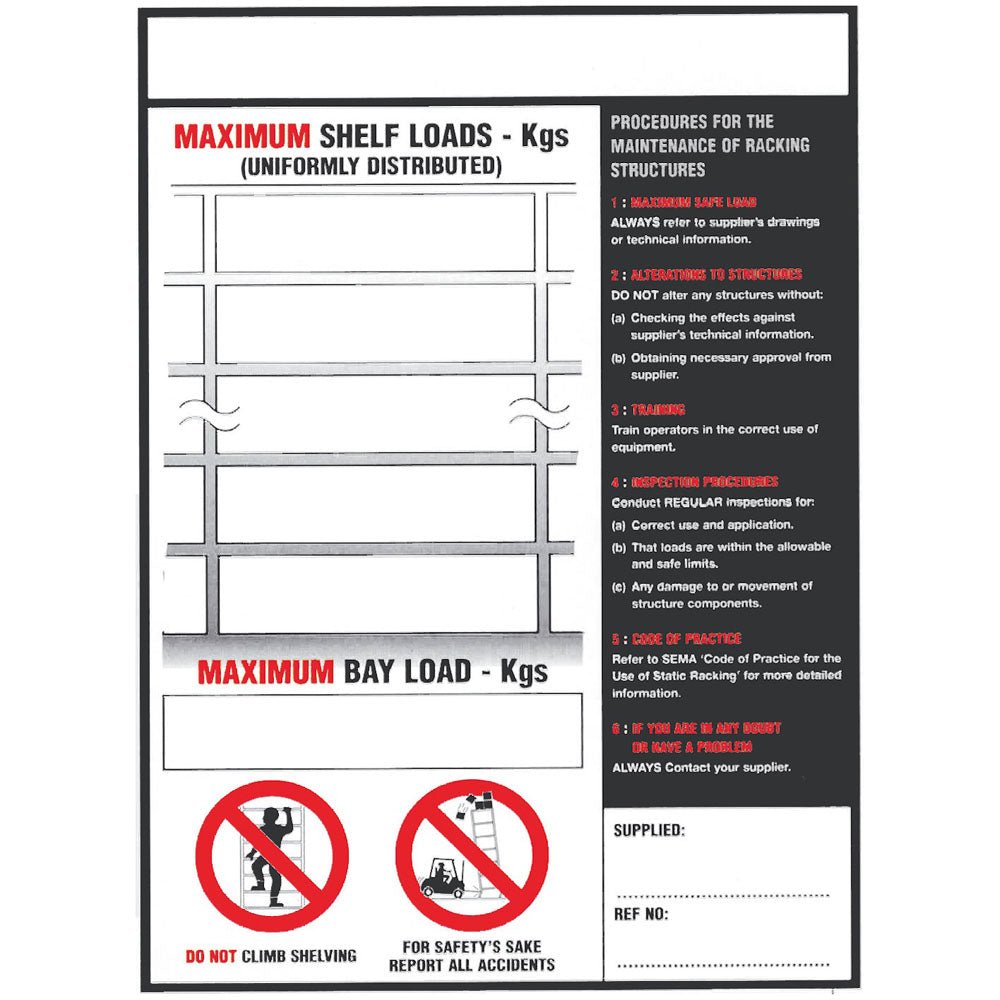 Weight Load Notices - Warehouse Storage Products